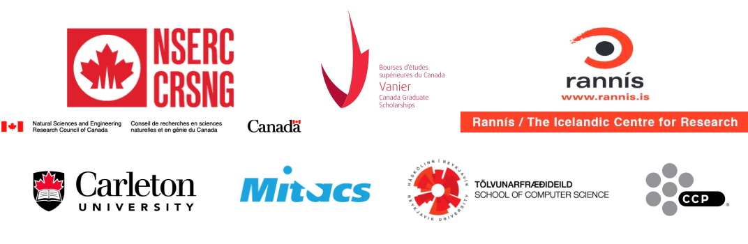 Logos of RISE funders, including NSERC, Vanier CGS, Rannis, Carleton University, CCP Games, and the Department of Computer Science at Reykjavik University.